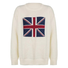 Oversized knit sweater with Union Jack graphic, perfect for a cozy and bold look.