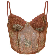 Vintage floral printed mesh cami top with lace trim.