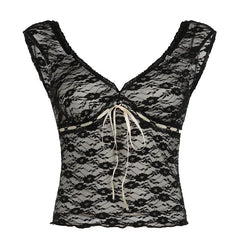 Black lace V-neck cami top with a ribbon tie detail at the bust.