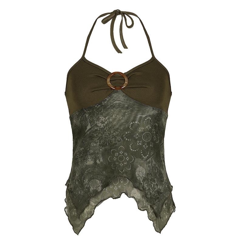 Vintage patchwork halter cami top with ring detail and asymmetrical hem.