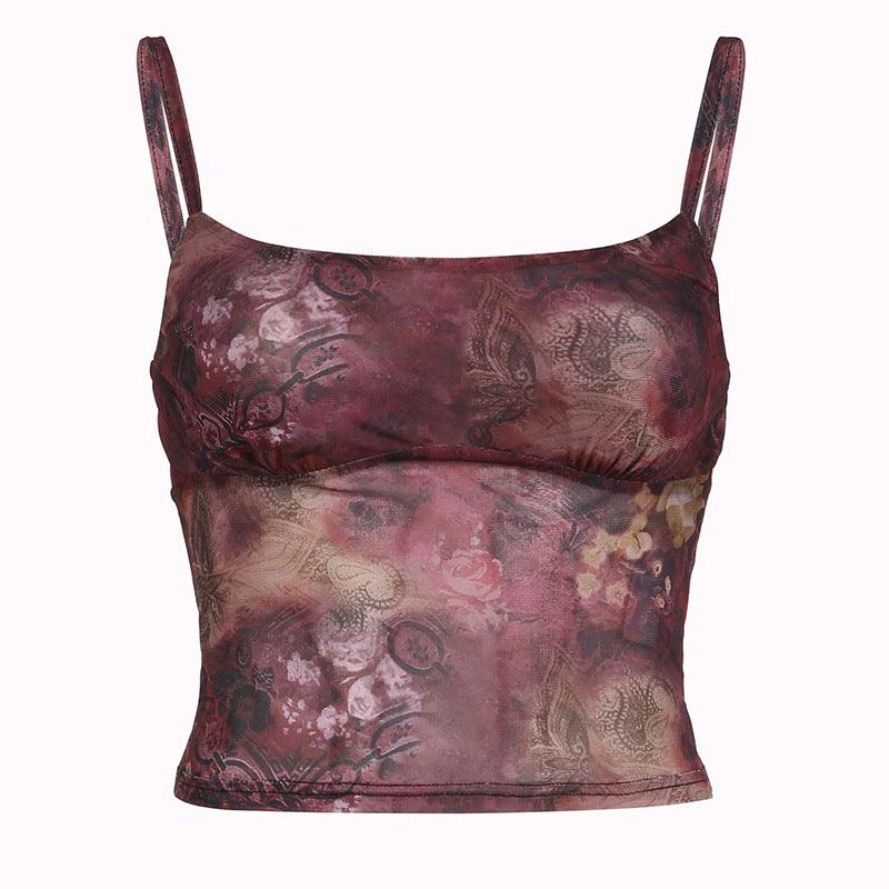 Vintage-inspired mesh cami top with unique print.