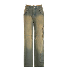 Vintage-wash jeans featuring a raw waistband, offering a retro-inspired yet modern look.

