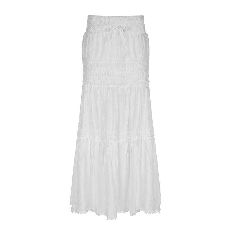 White bohemian tiered maxi skirt, perfect for vacations or everyday wear, light and romantic.

