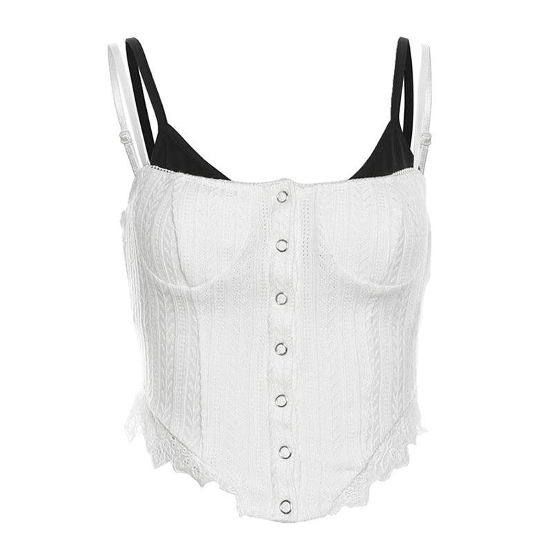 White lace-trimmed button-up corset-style crop top with a vintage design