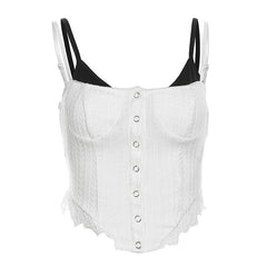 White lace-trimmed button-up corset-style crop top with a vintage design