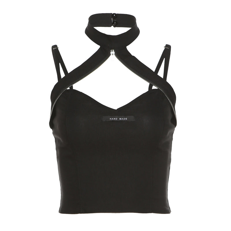 Black gothic-inspired zipper halter crop top with choker detail and double straps for an edgy, bold style.